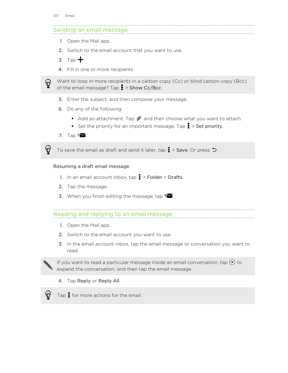 Sending an email message, Resuming a draft email message, Reading and replying to an email message | HTC One E8 User Manual | Page 137 / 185