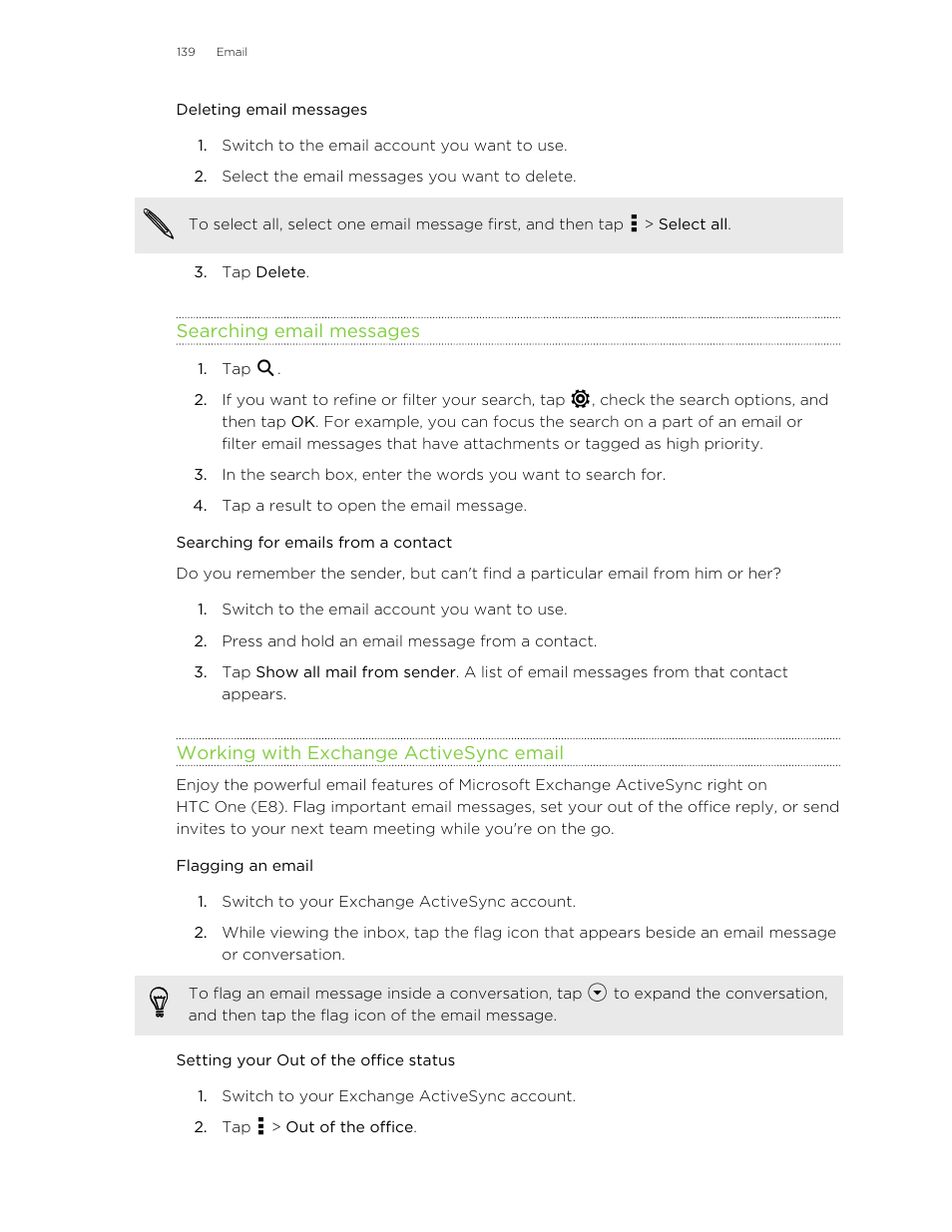 Deleting email messages, Searching email messages, Searching for emails from a contact | Working with exchange activesync email, Flagging an email, Setting your out of the office status | HTC One E8 User Manual | Page 139 / 185