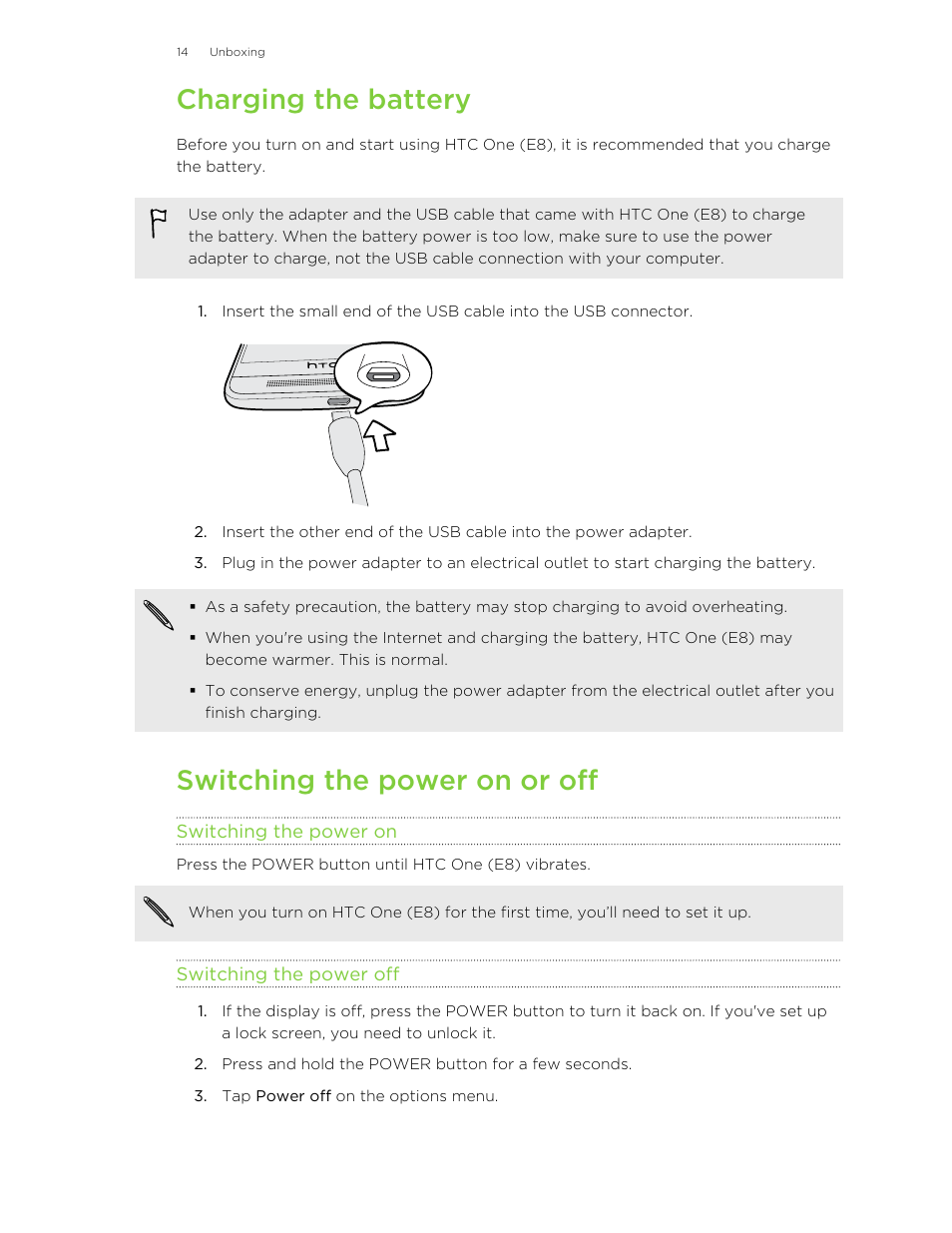 Charging the battery, Switching the power on or off, Switching the power on | Switching the power off | HTC One E8 User Manual | Page 14 / 185