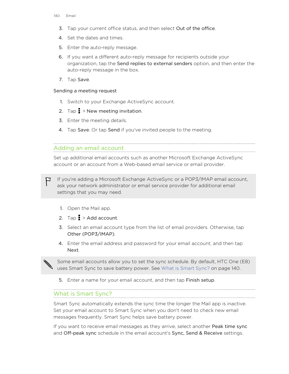 Sending a meeting request, Adding an email account, What is smart sync | HTC One E8 User Manual | Page 140 / 185