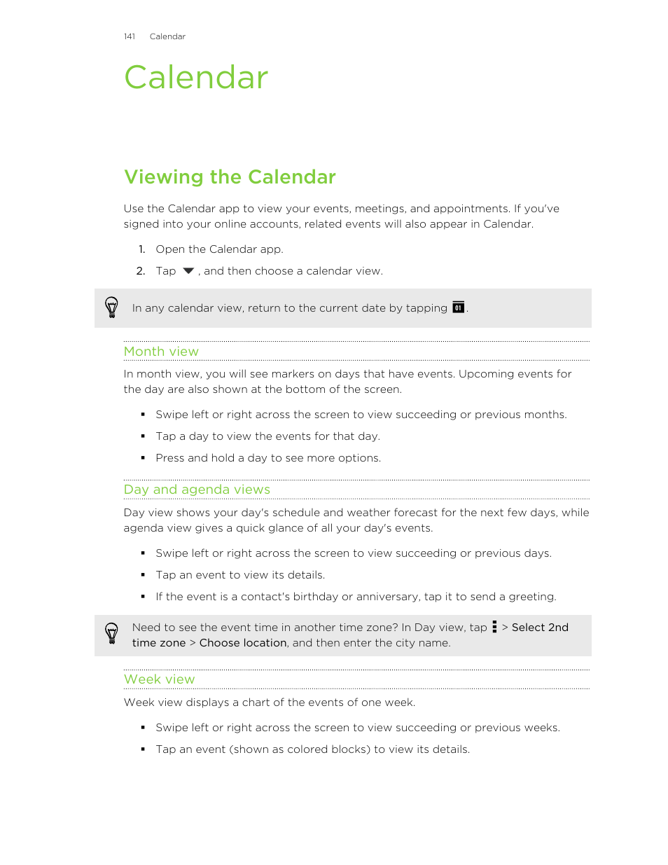 Calendar, Viewing the calendar, Month view | Day and agenda views, Week view | HTC One E8 User Manual | Page 141 / 185