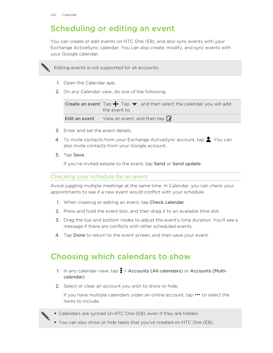 Scheduling or editing an event, Checking your schedule for an event, Choosing which calendars to show | HTC One E8 User Manual | Page 142 / 185