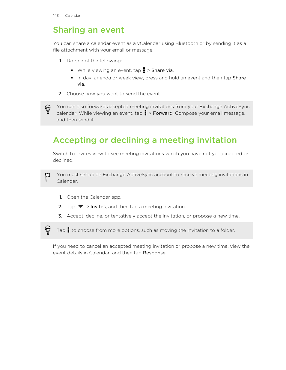 Sharing an event, Accepting or declining a meeting invitation | HTC One E8 User Manual | Page 143 / 185