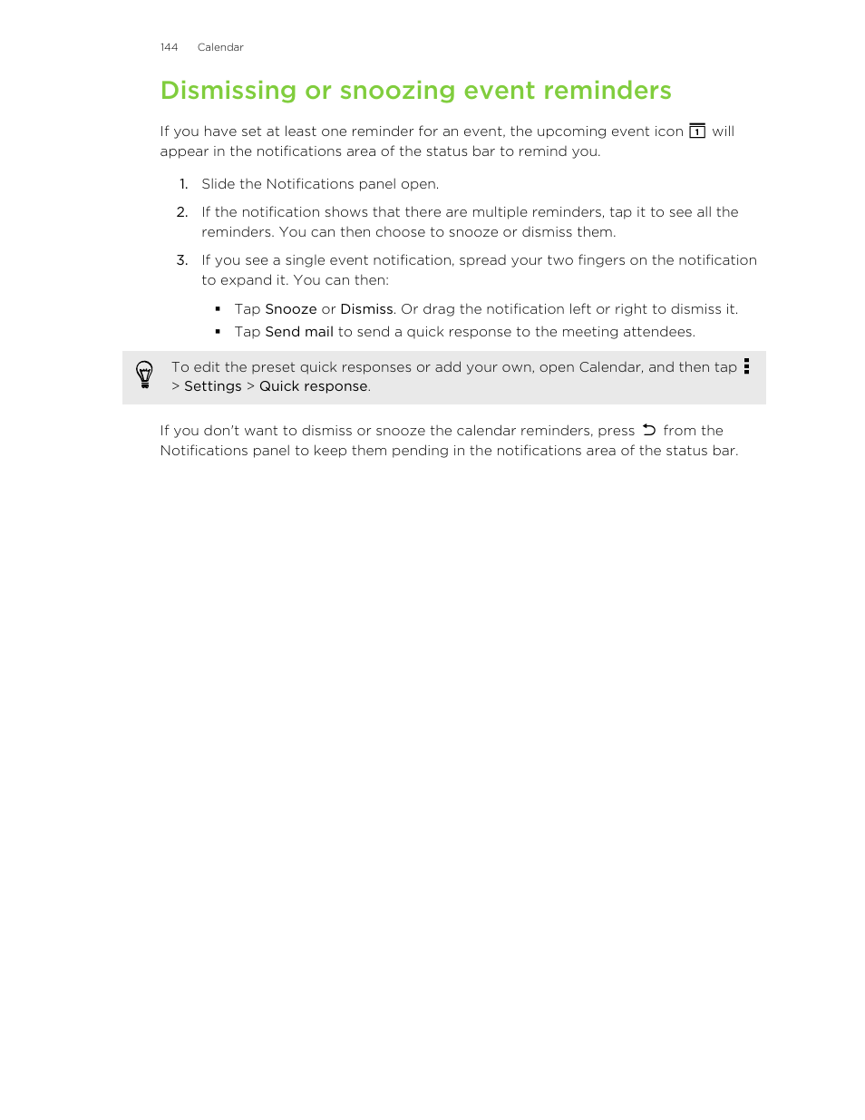 Dismissing or snoozing event reminders | HTC One E8 User Manual | Page 144 / 185