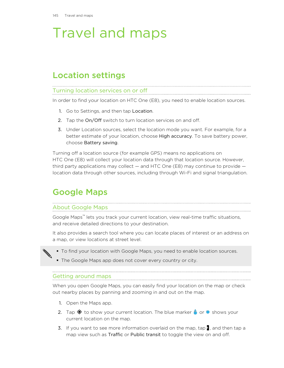 Travel and maps, Location settings, Turning location services on or off | Google maps, About google maps, Getting around maps, Navigation or location-based apps. see | HTC One E8 User Manual | Page 145 / 185