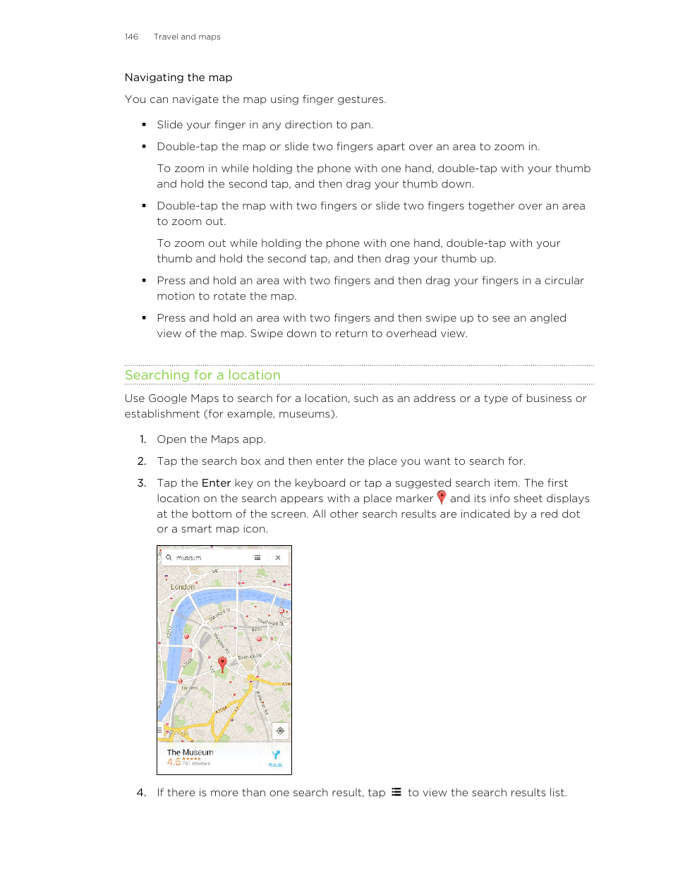 Navigating the map, Searching for a location | HTC One E8 User Manual | Page 146 / 185