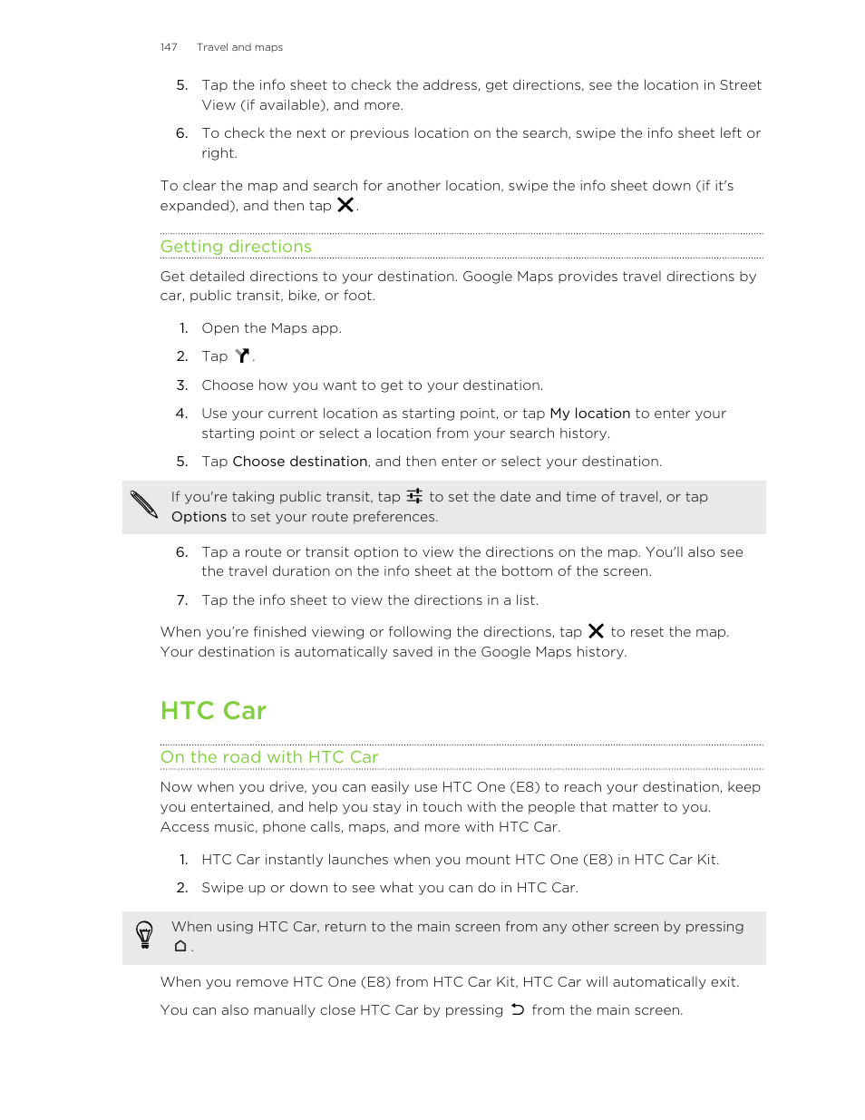 Getting directions, Htc car, On the road with htc car | HTC One E8 User Manual | Page 147 / 185