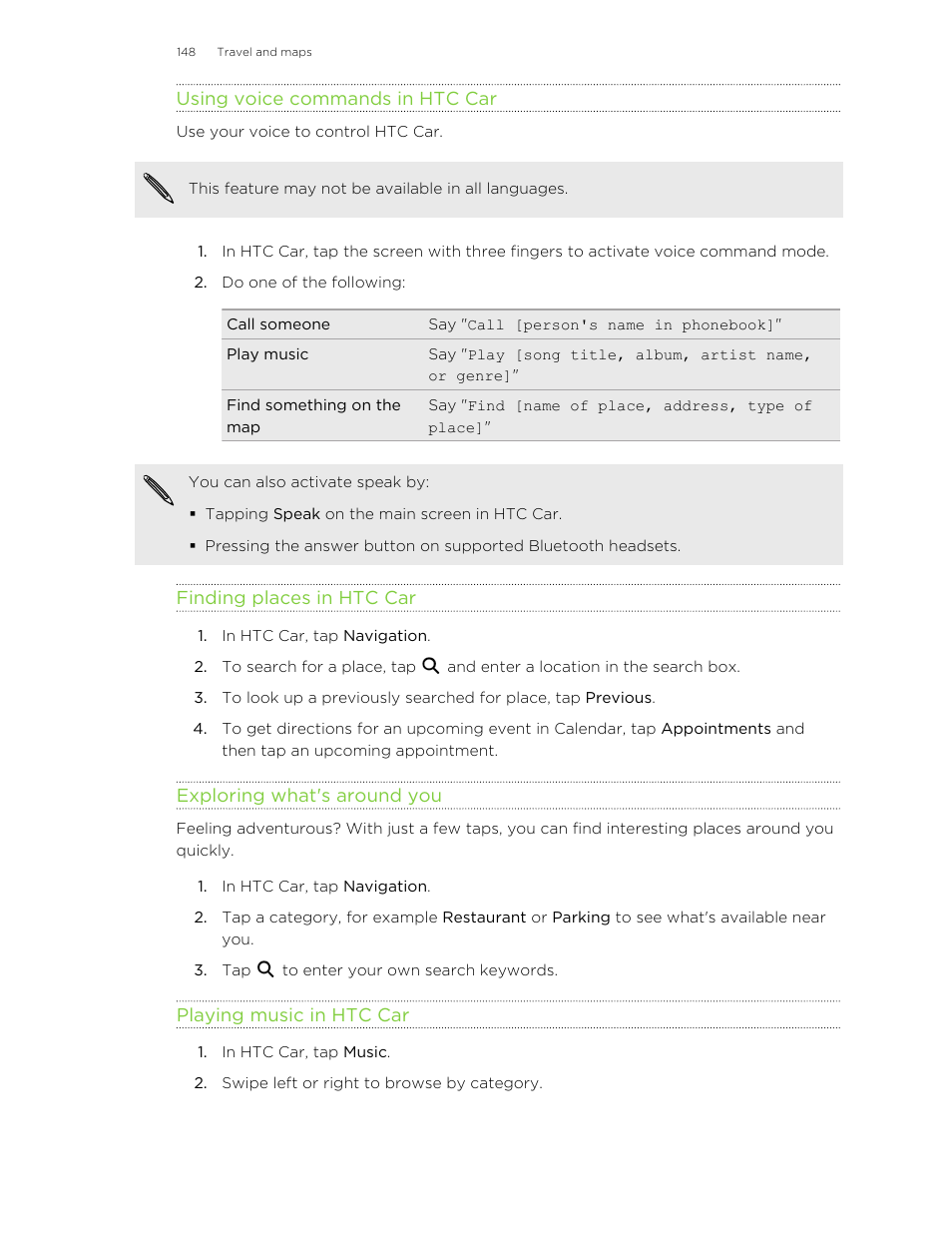 Using voice commands in htc car, Finding places in htc car, Exploring what's around you | Playing music in htc car | HTC One E8 User Manual | Page 148 / 185
