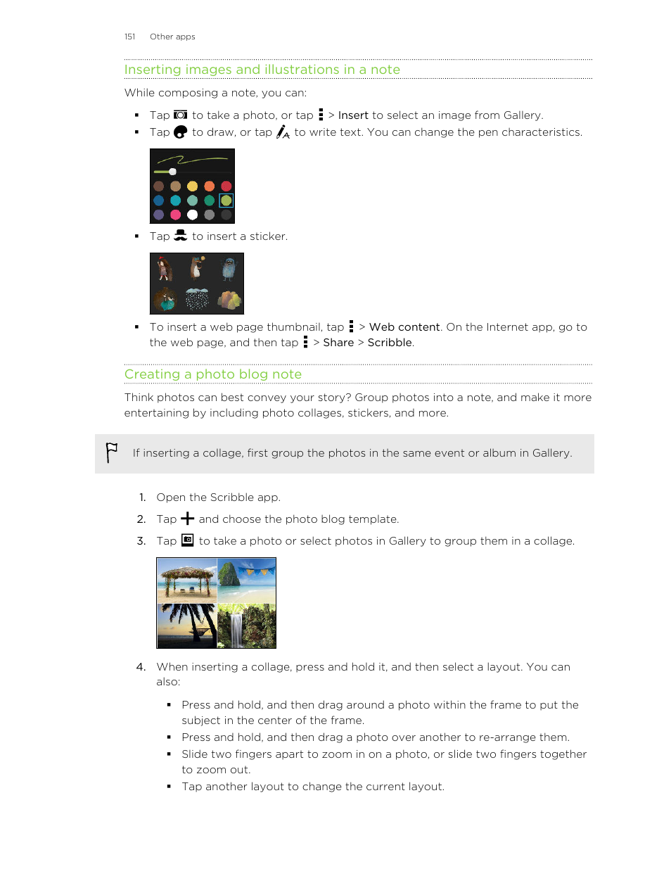 Inserting images and illustrations in a note, Creating a photo blog note, Inserting | Images and illustrations in a note | HTC One E8 User Manual | Page 151 / 185