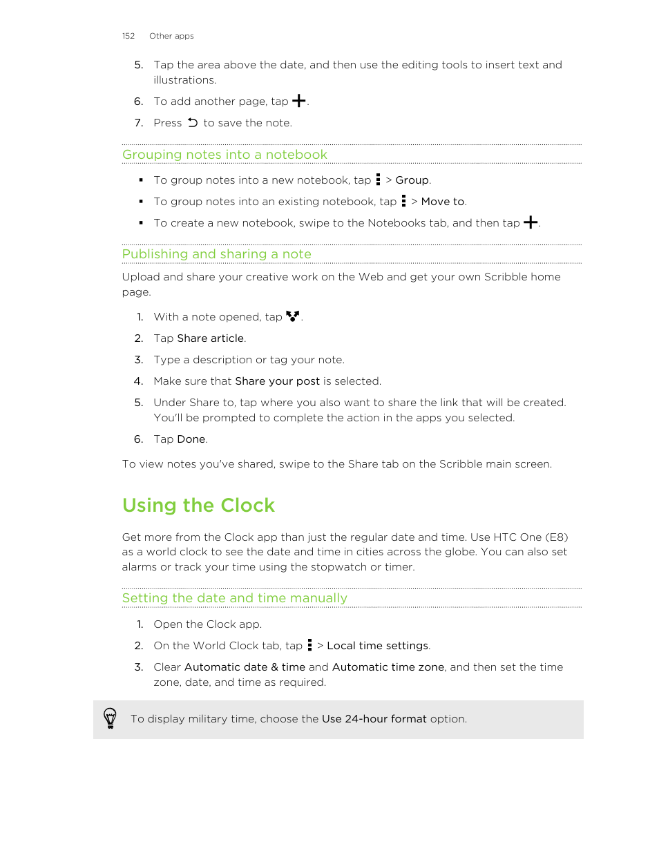 Grouping notes into a notebook, Publishing and sharing a note, Using the clock | Setting the date and time manually | HTC One E8 User Manual | Page 152 / 185