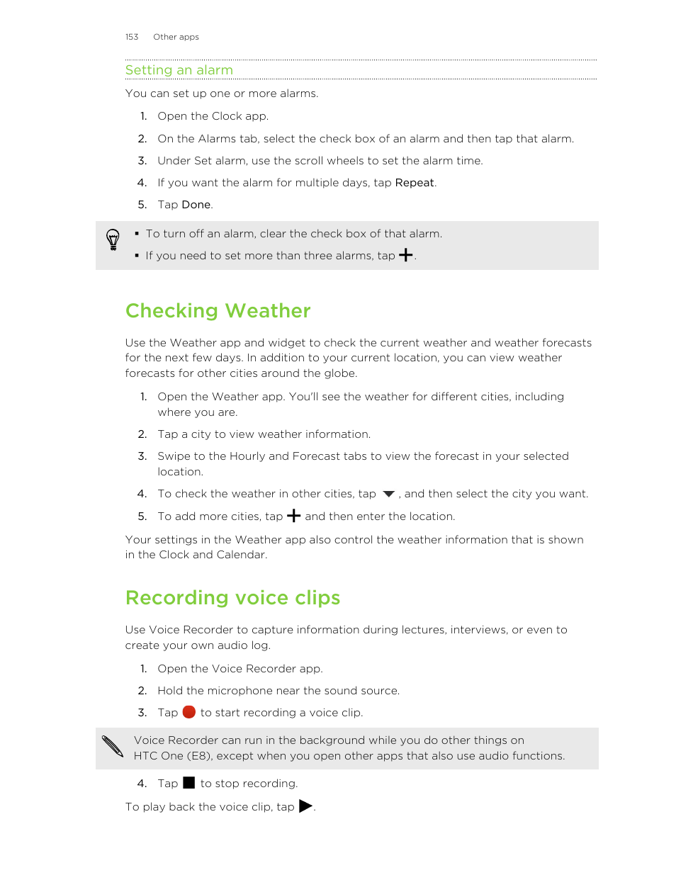 Setting an alarm, Checking weather, Recording voice clips | HTC One E8 User Manual | Page 153 / 185