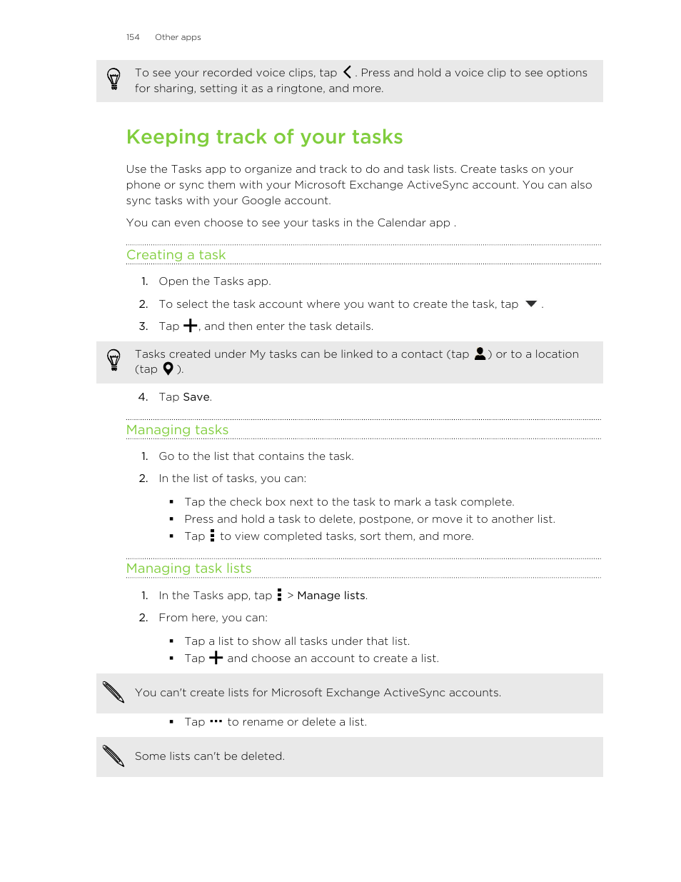 Keeping track of your tasks, Creating a task, Managing tasks | Managing task lists | HTC One E8 User Manual | Page 154 / 185