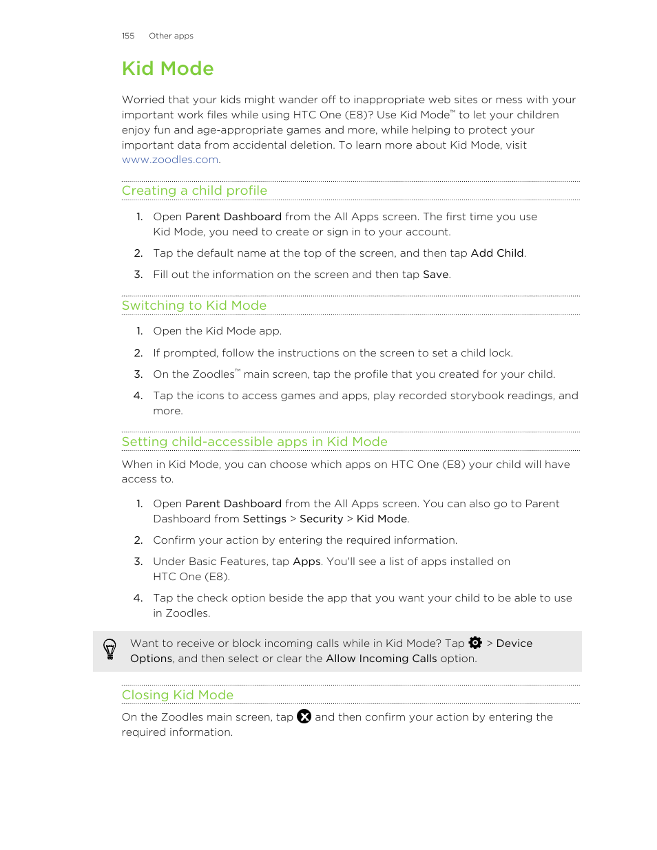 Kid mode, Creating a child profile, Switching to kid mode | Setting child-accessible apps in kid mode, Closing kid mode | HTC One E8 User Manual | Page 155 / 185