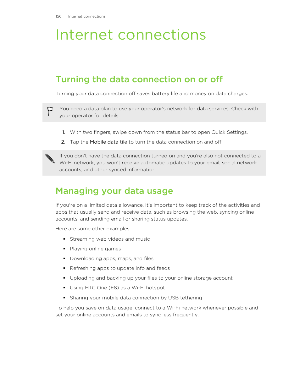 Internet connections, Turning the data connection on or off, Managing your data usage | HTC One E8 User Manual | Page 156 / 185