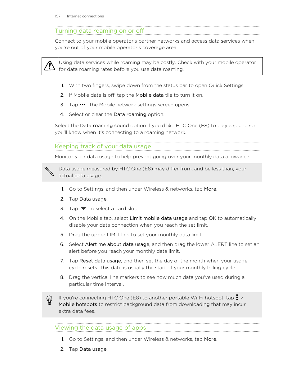 Turning data roaming on or off, Keeping track of your data usage, Viewing the data usage of apps | HTC One E8 User Manual | Page 157 / 185