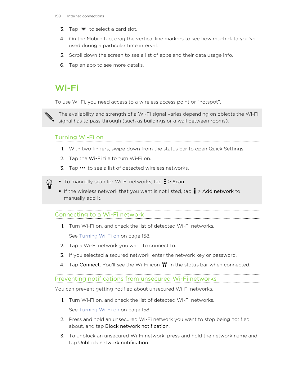 Wi‍-fi, Turning wi‍-fi on, Connecting to a wi‍-fi network | Wi-fi | HTC One E8 User Manual | Page 158 / 185