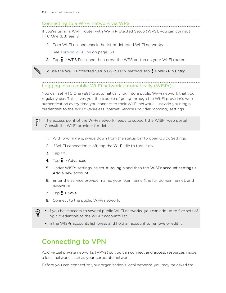 Connecting to a wi‍-fi network via wps, Connecting to vpn | HTC One E8 User Manual | Page 159 / 185