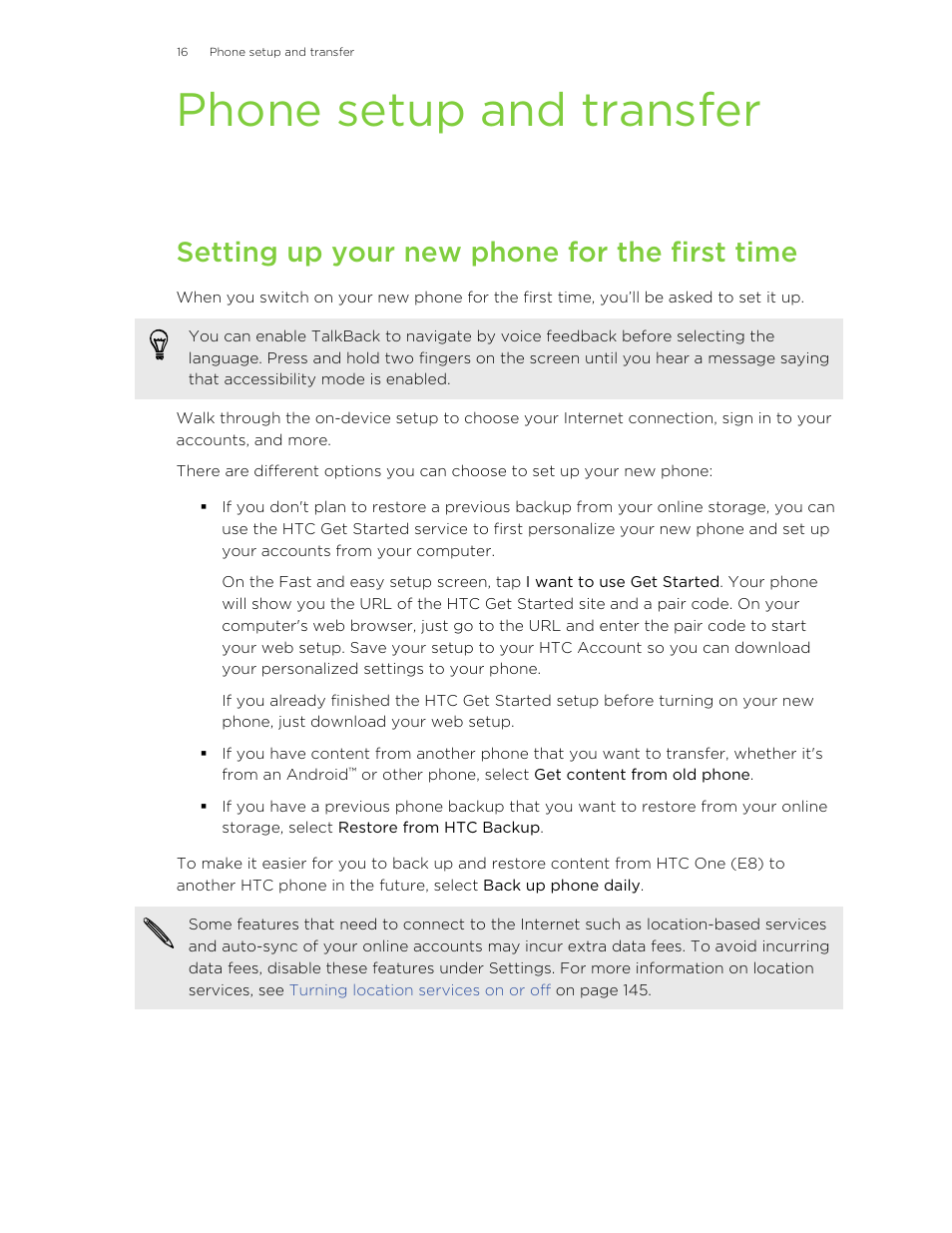 Phone setup and transfer, Setting up your new phone for the first time | HTC One E8 User Manual | Page 16 / 185