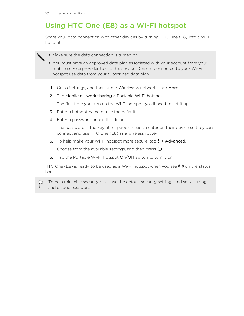 Using htc one (e8) as a wi‍-fi hotspot, Using htc one (e8) as a wi-fi hotspot | HTC One E8 User Manual | Page 161 / 185