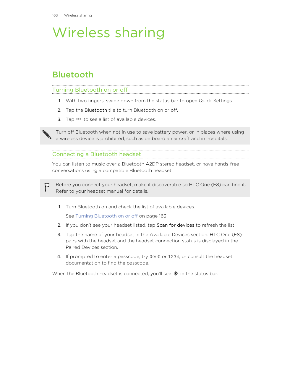Wireless sharing, Bluetooth, Turning bluetooth on or off | Connecting a bluetooth headset | HTC One E8 User Manual | Page 163 / 185