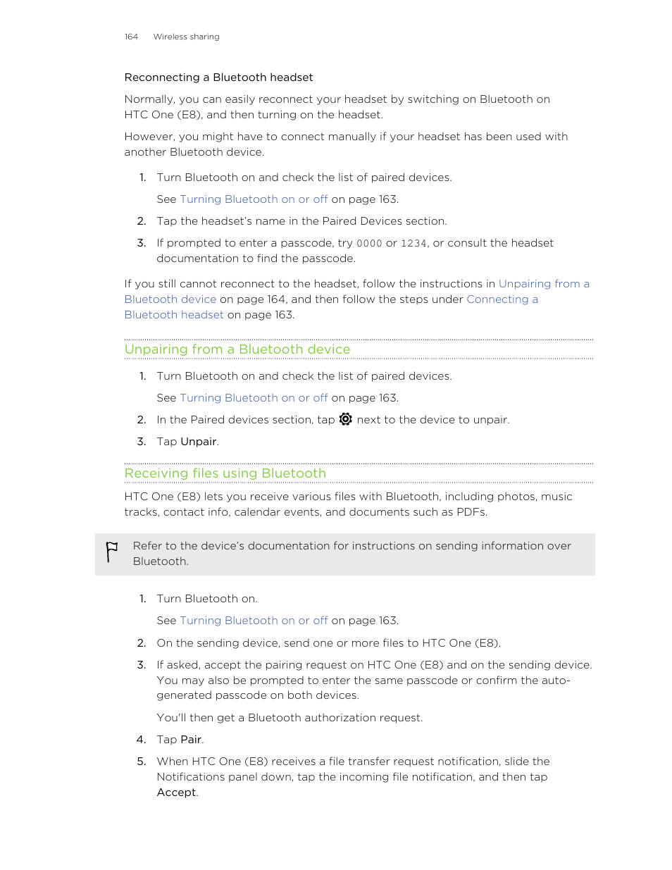 Reconnecting a bluetooth headset, Unpairing from a bluetooth device, Receiving files using bluetooth | HTC One E8 User Manual | Page 164 / 185
