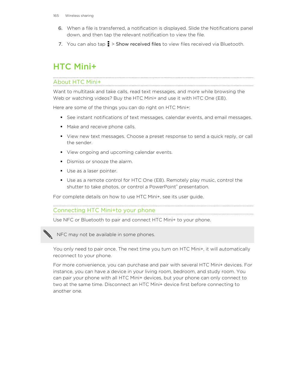 Htc mini, About htc mini, Connecting htc mini‍+to your phone | HTC One E8 User Manual | Page 165 / 185