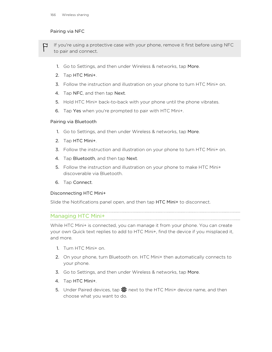 Pairing via nfc, Pairing via bluetooth, Disconnecting htc mini | Managing htc mini | HTC One E8 User Manual | Page 166 / 185
