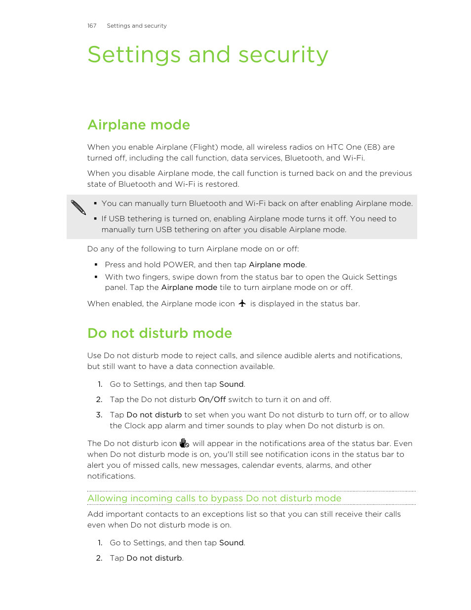 Settings and security, Airplane mode, Do not disturb mode | HTC One E8 User Manual | Page 167 / 185