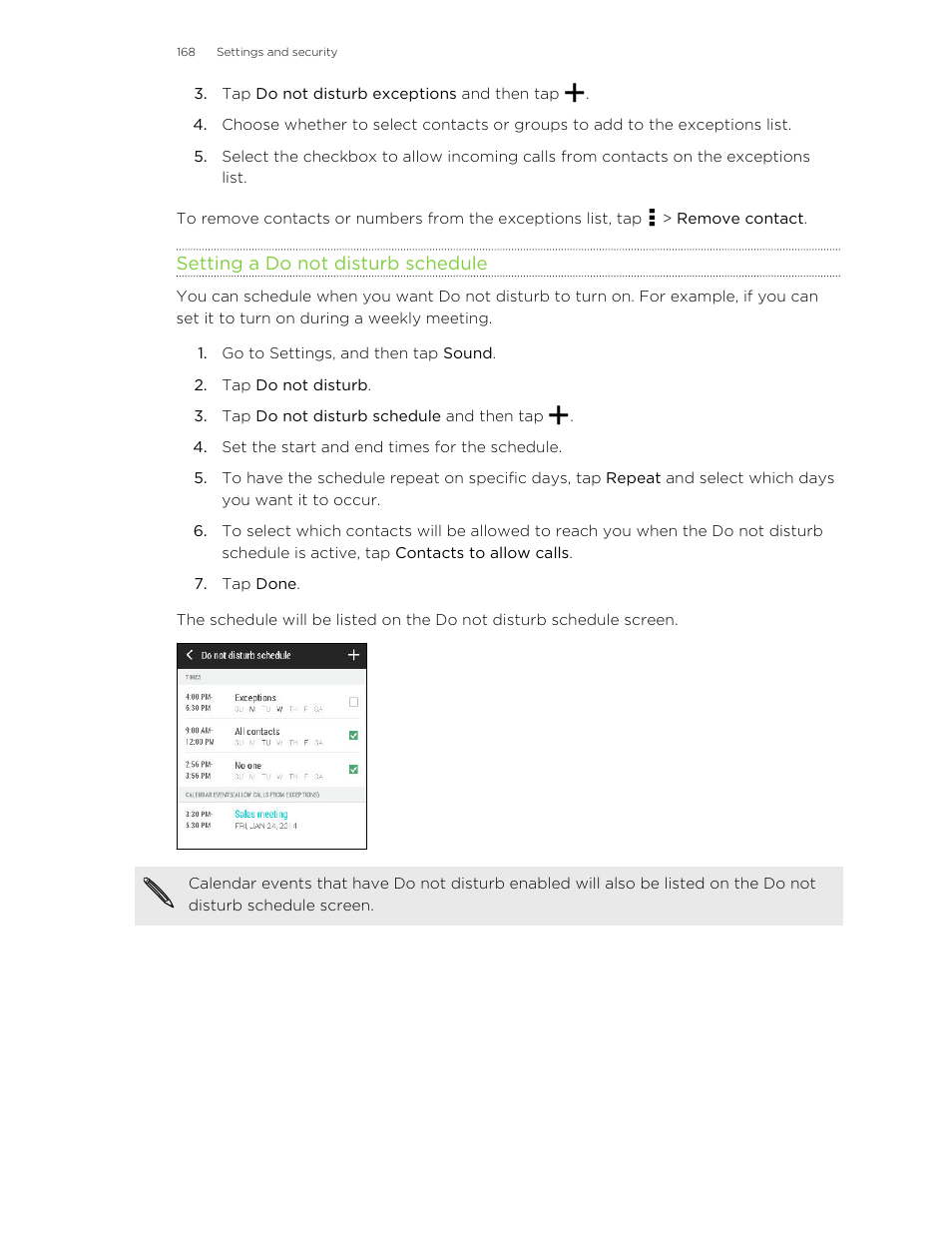 Setting a do not disturb schedule | HTC One E8 User Manual | Page 168 / 185