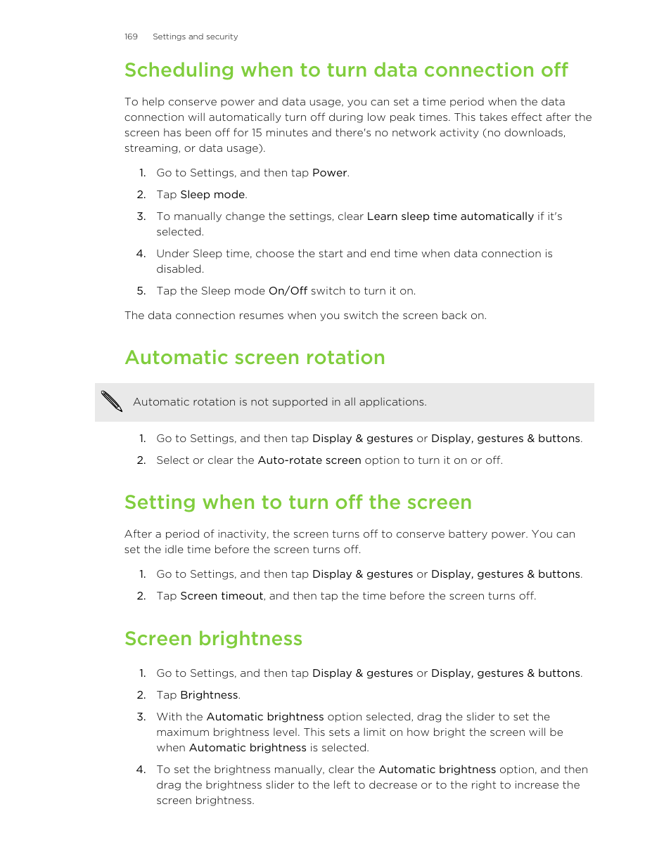 Scheduling when to turn data connection off, Automatic screen rotation, Setting when to turn off the screen | Screen brightness | HTC One E8 User Manual | Page 169 / 185