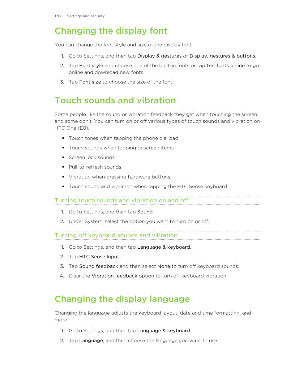 Changing the display font, Touch sounds and vibration, Turning touch sounds and vibration on and off | Turning off keyboard sounds and vibration, Changing the display language | HTC One E8 User Manual | Page 170 / 185