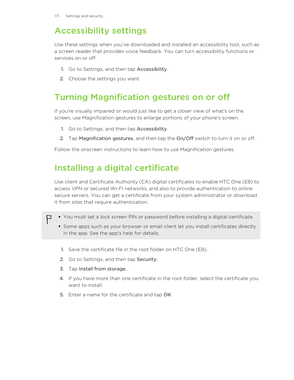 Accessibility settings, Turning magnification gestures on or off, Installing a digital certificate | HTC One E8 User Manual | Page 171 / 185