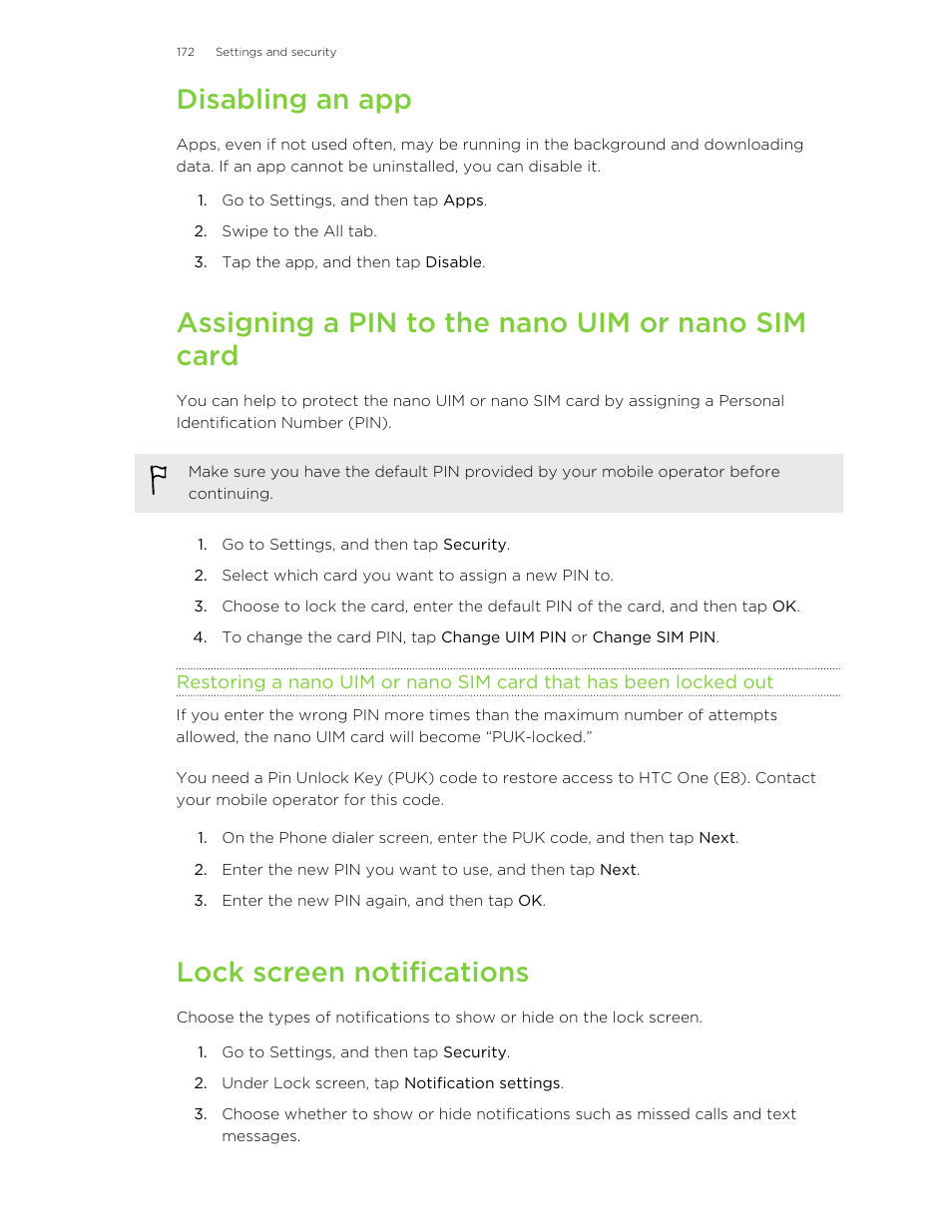 Disabling an app, Assigning a pin to the nano uim or nano sim card, Lock screen notifications | HTC One E8 User Manual | Page 172 / 185