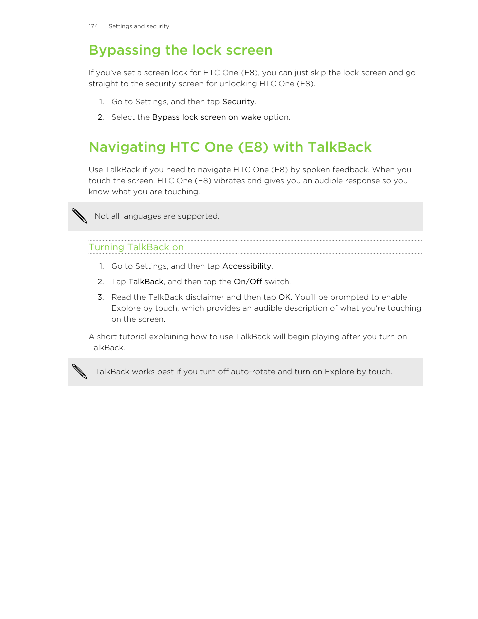 Bypassing the lock screen, Navigating htc one (e8) with talkback, Turning talkback on | HTC One E8 User Manual | Page 174 / 185