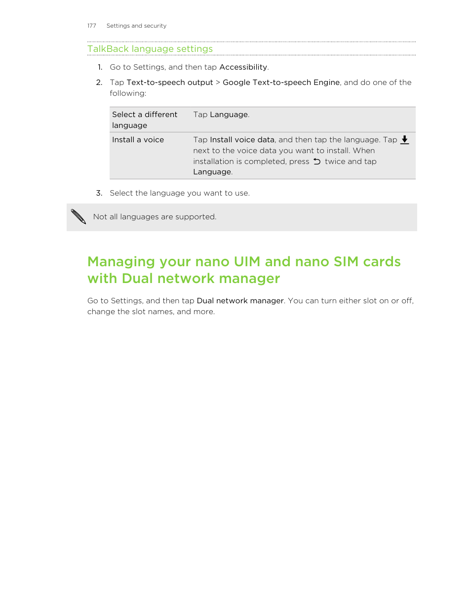 Talkback language settings | HTC One E8 User Manual | Page 177 / 185