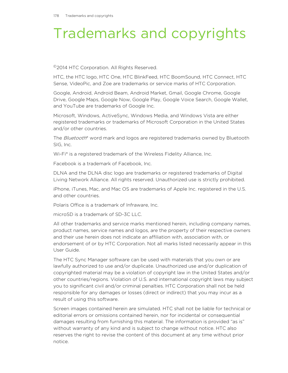 Trademarks and copyrights | HTC One E8 User Manual | Page 178 / 185