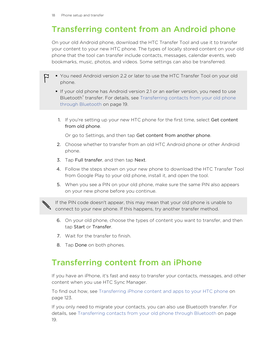 Transferring content from an android phone, Transferring content from an iphone | HTC One E8 User Manual | Page 18 / 185