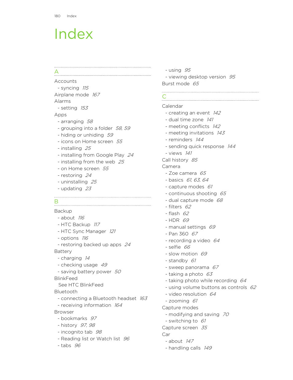 Index | HTC One E8 User Manual | Page 180 / 185