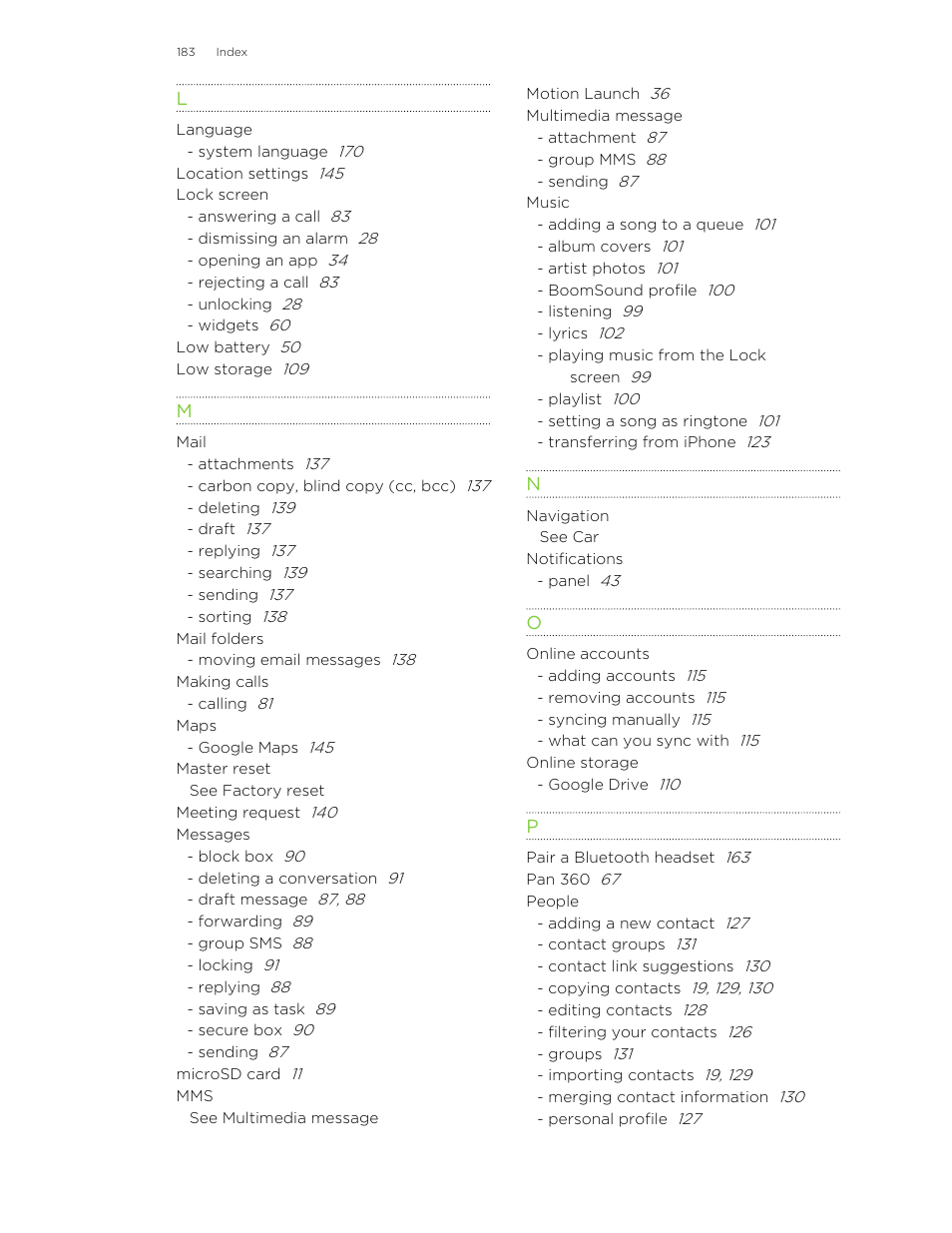 See mail, See location settings, See lock screen | HTC One E8 User Manual | Page 183 / 185