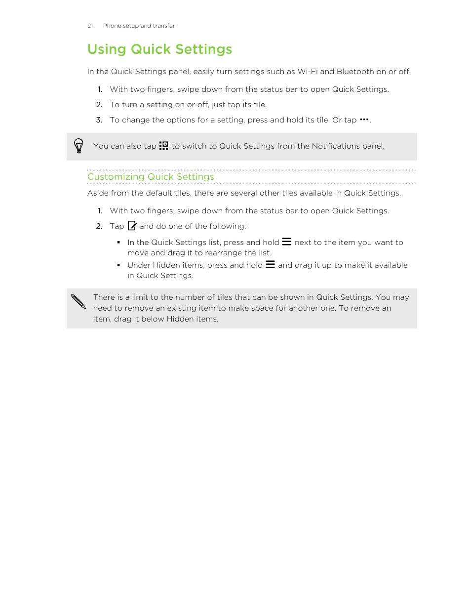 Using quick settings, Customizing quick settings | HTC One E8 User Manual | Page 21 / 185