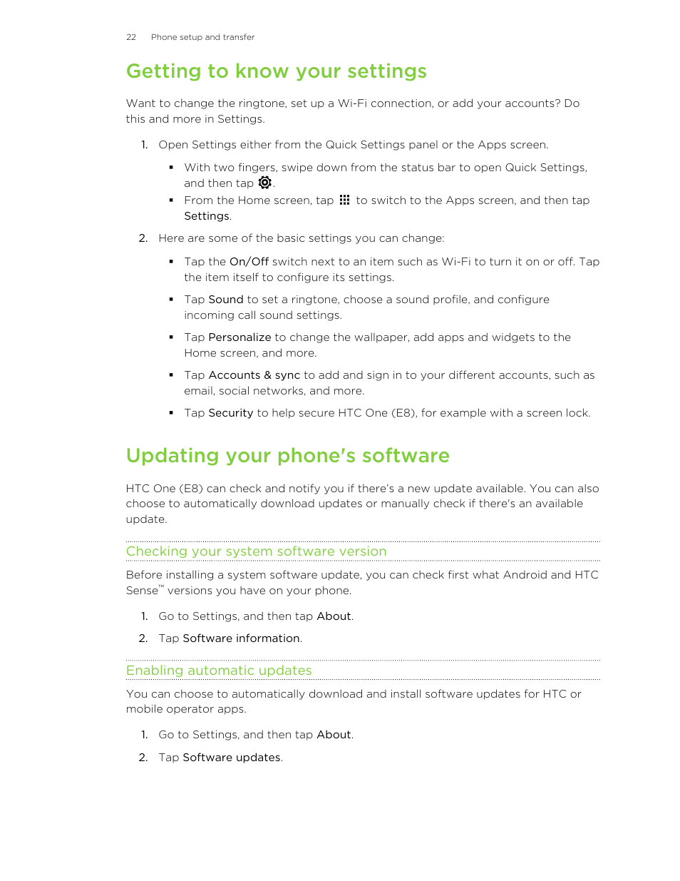 Getting to know your settings, Updating your phone's software, Checking your system software version | Enabling automatic updates | HTC One E8 User Manual | Page 22 / 185