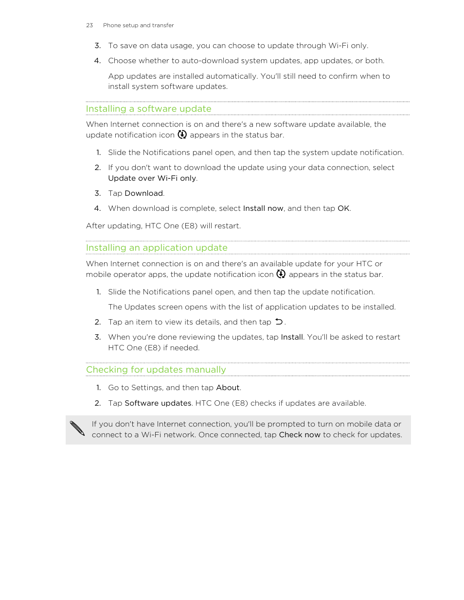 Installing a software update, Installing an application update, Checking for updates manually | HTC One E8 User Manual | Page 23 / 185