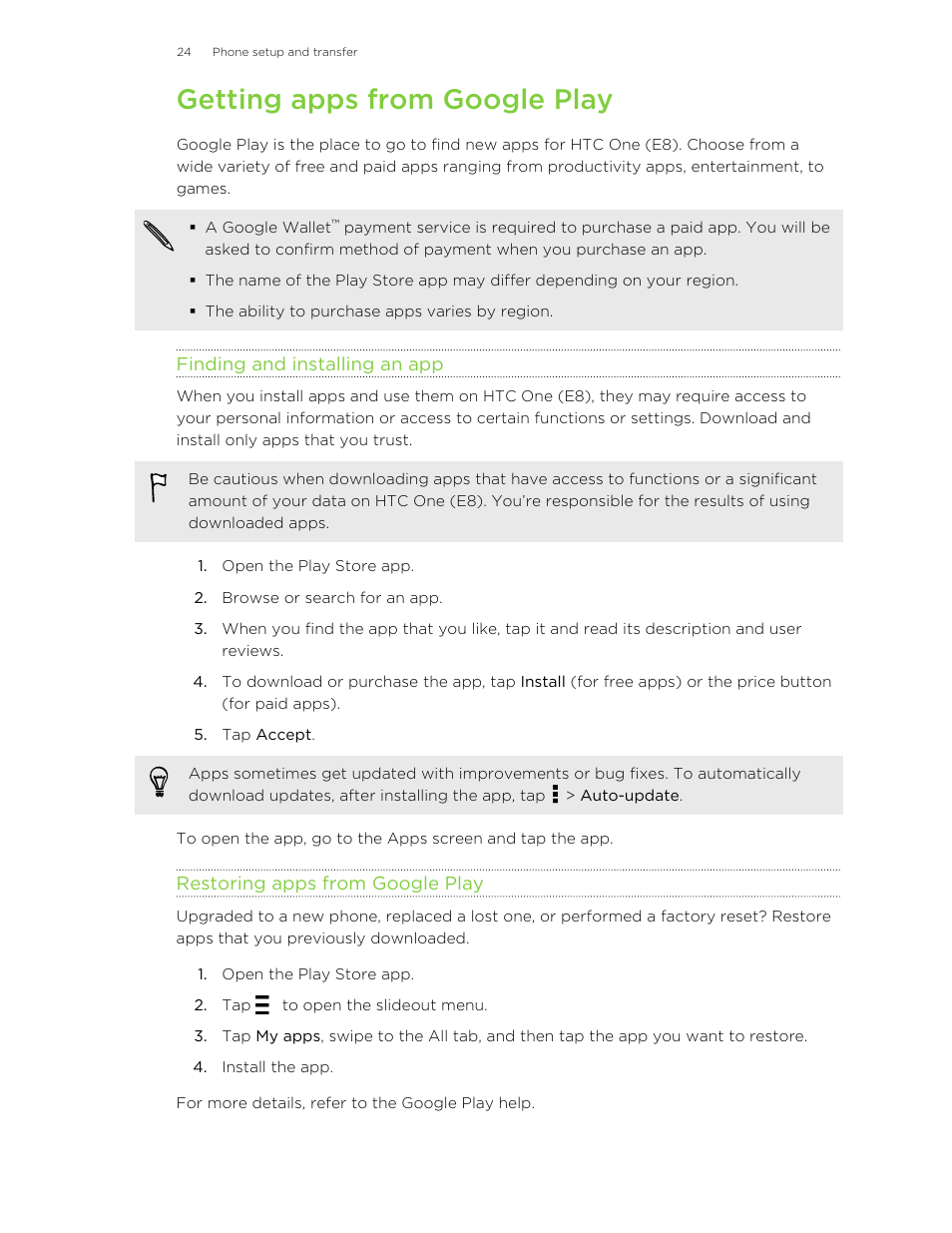 Getting apps from google play, Finding and installing an app, Restoring apps from google play | HTC One E8 User Manual | Page 24 / 185