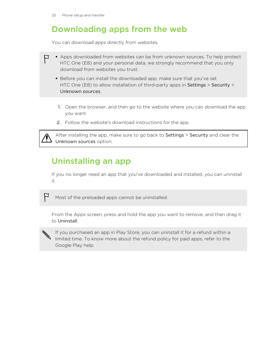 Downloading apps from the web, Uninstalling an app | HTC One E8 User Manual | Page 25 / 185