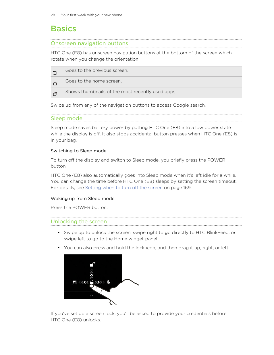 Basics, Onscreen navigation buttons, Sleep mode | Switching to sleep mode, Waking up from sleep mode, Unlocking the screen | HTC One E8 User Manual | Page 28 / 185