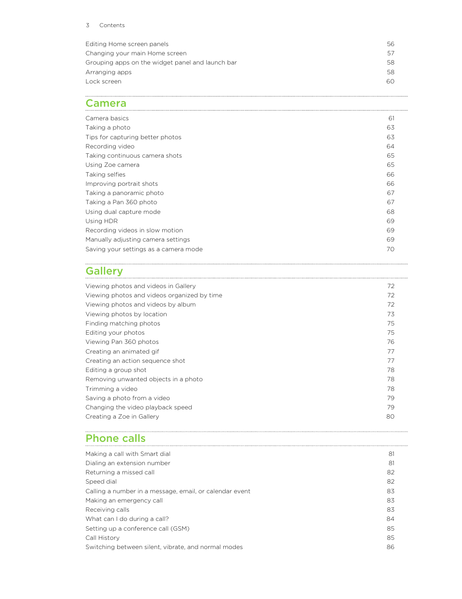 Camera, Gallery, Phone calls | HTC One E8 User Manual | Page 3 / 185