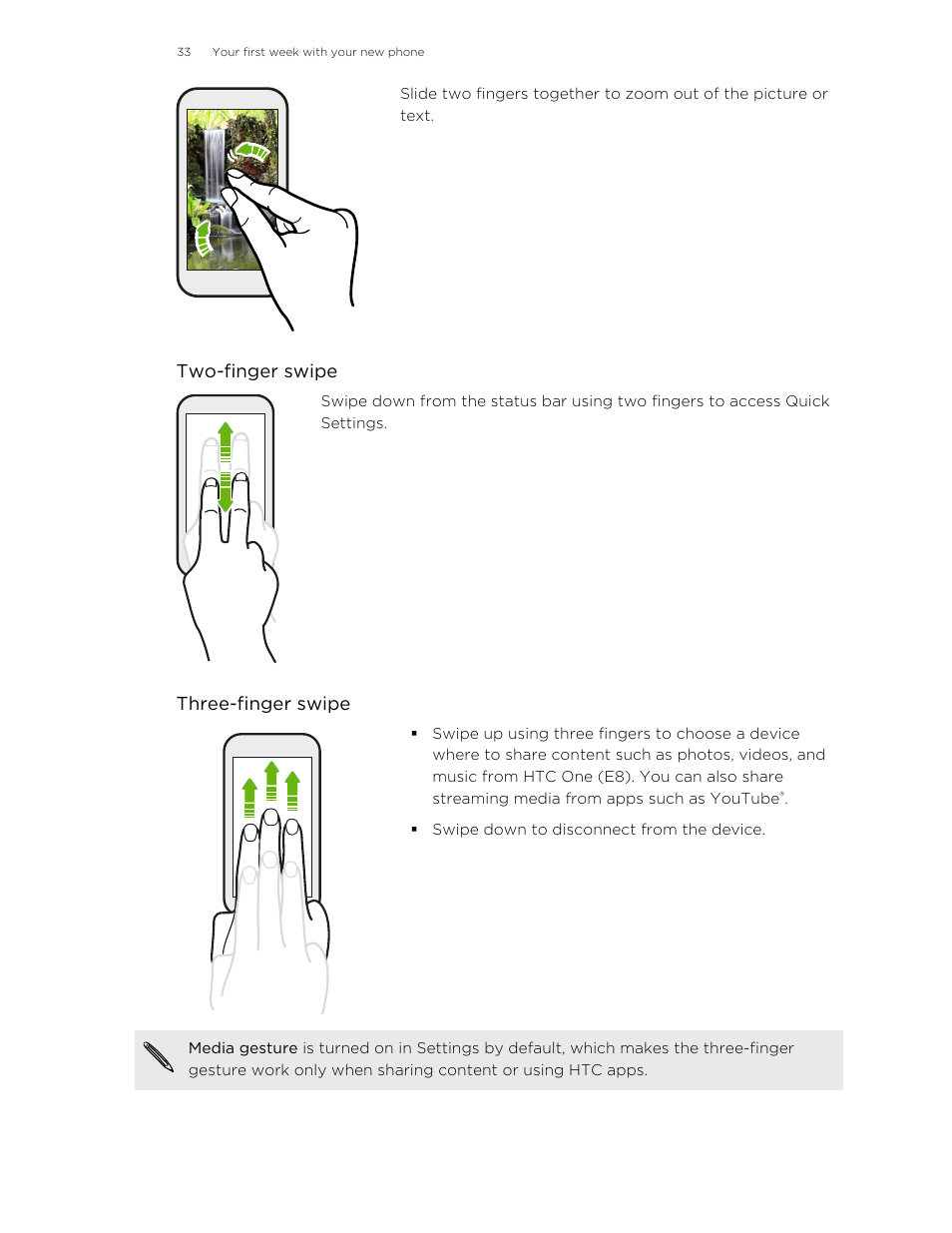 Two-finger swipe, Three-finger swipe | HTC One E8 User Manual | Page 33 / 185