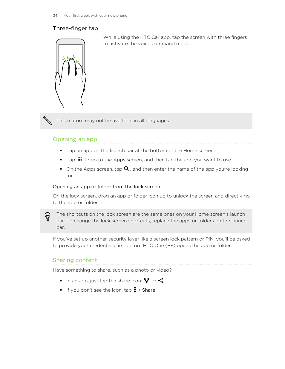 Opening an app, Opening an app or folder from the lock screen, Sharing content | HTC One E8 User Manual | Page 34 / 185