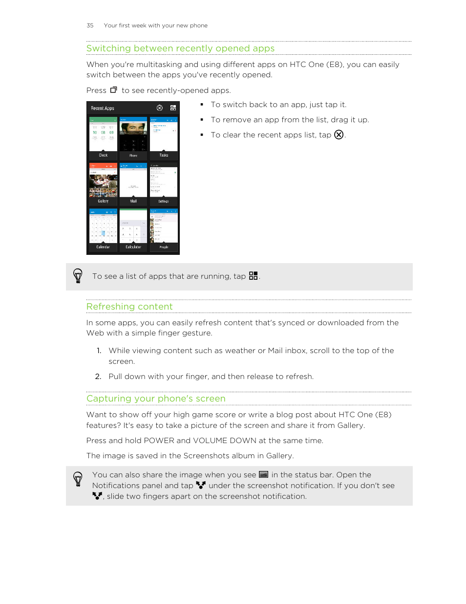 Switching between recently opened apps, Refreshing content, Capturing your phone's screen | HTC One E8 User Manual | Page 35 / 185