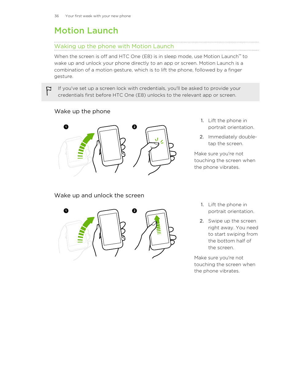 Motion launch, Waking up the phone with motion launch | HTC One E8 User Manual | Page 36 / 185